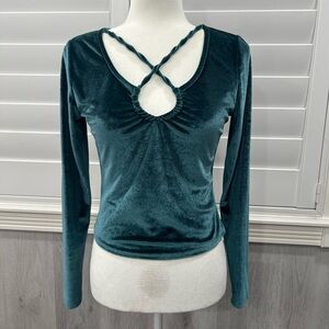 Planet Gold Velvet Long Sleeve Criss Cross Keyhole Top Teal Medium Holiday